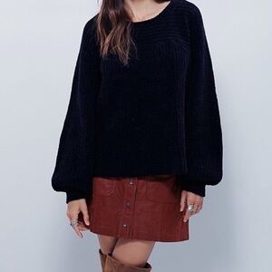 Free People Don’t Let Me Go Sweater Black Balloon Sleeve Chunky Knit Slouchy-S